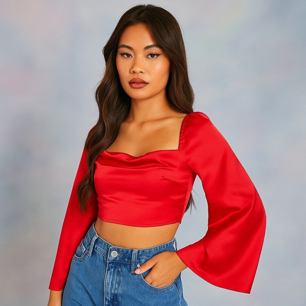 New Red 10 Large Silk Satin Long Sleeve Square Neck Cowl Crop Top Blouse Ruched